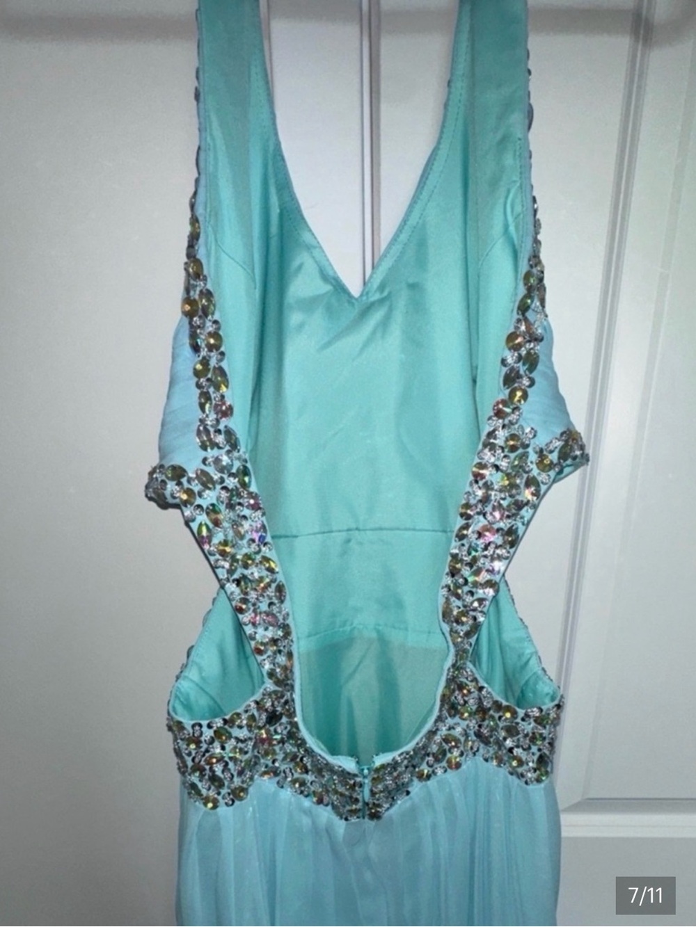 La Femme Sky Blue Embellished Halter Evening Gown | Size 16 - Picture 6 of 7